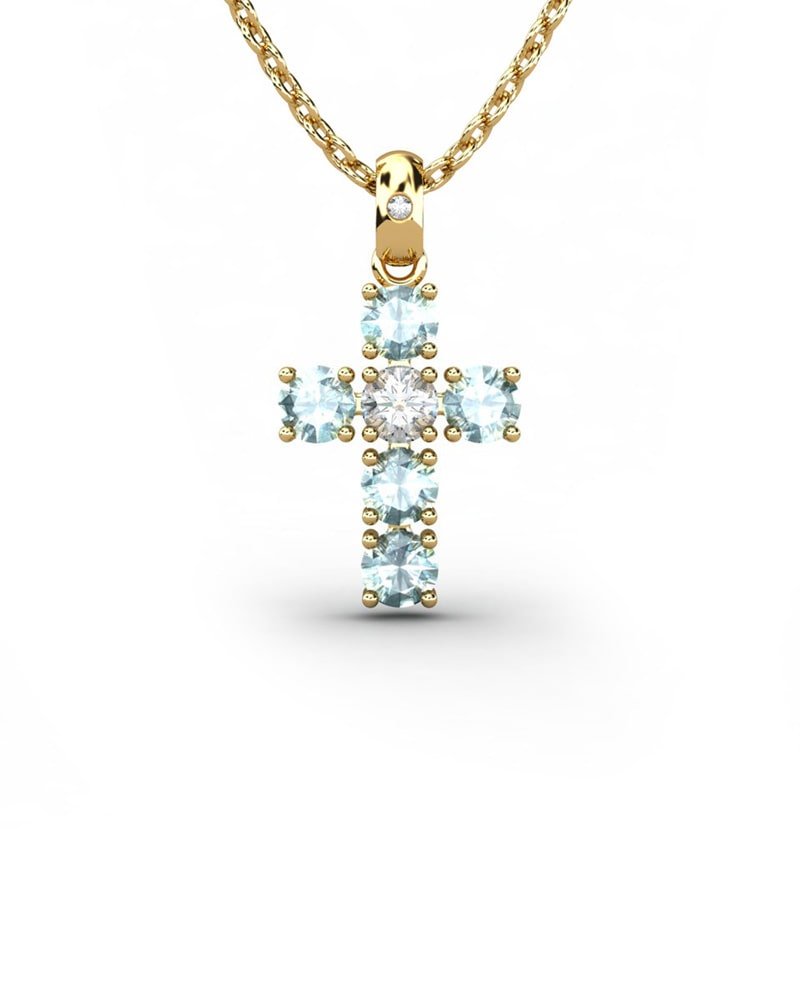 COLGANTE SPIRITUAL CRUZ DE DIAMANTE 0,01 CT Y TOPACIOS AZULES - CRESBER