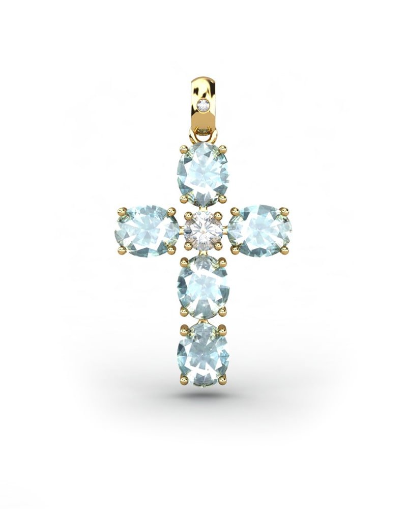 COLGANTE SPIRITUAL CRUZ DE DIAMANTE 0,01 CT Y TOPACIOS AZULES OVALES - CRESBER