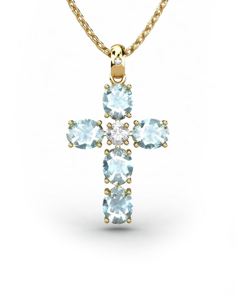 COLGANTE SPIRITUAL CRUZ DE DIAMANTE 0,01 CT Y TOPACIOS AZULES OVALES - CRESBER
