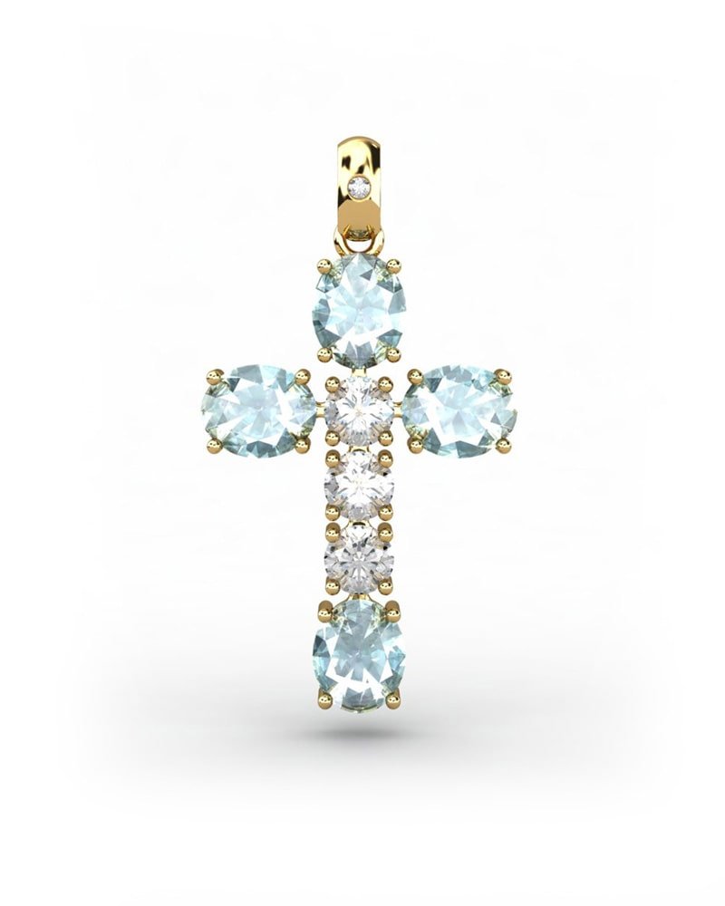 COLGANTE SPIRITUAL CRUZ DE DIAMANTE 0,01 CT Y TOPACIOS AZULES Y BLANCOS - CRESBER