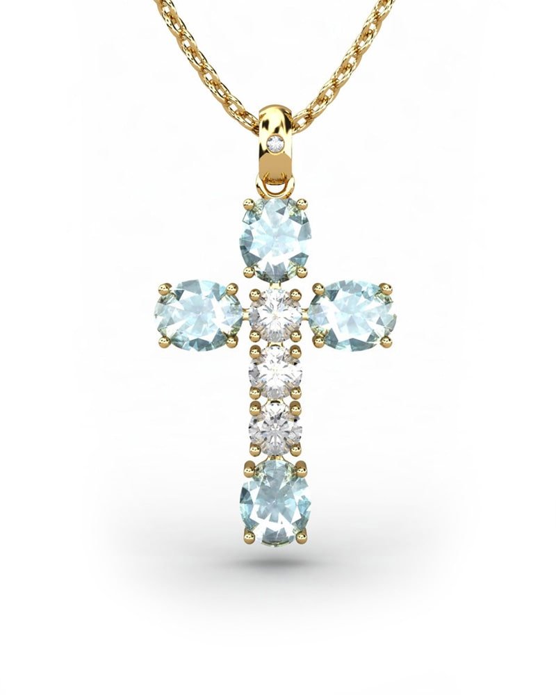 COLGANTE SPIRITUAL CRUZ DE DIAMANTE 0,01 CT Y TOPACIOS AZULES Y BLANCOS - CRESBER