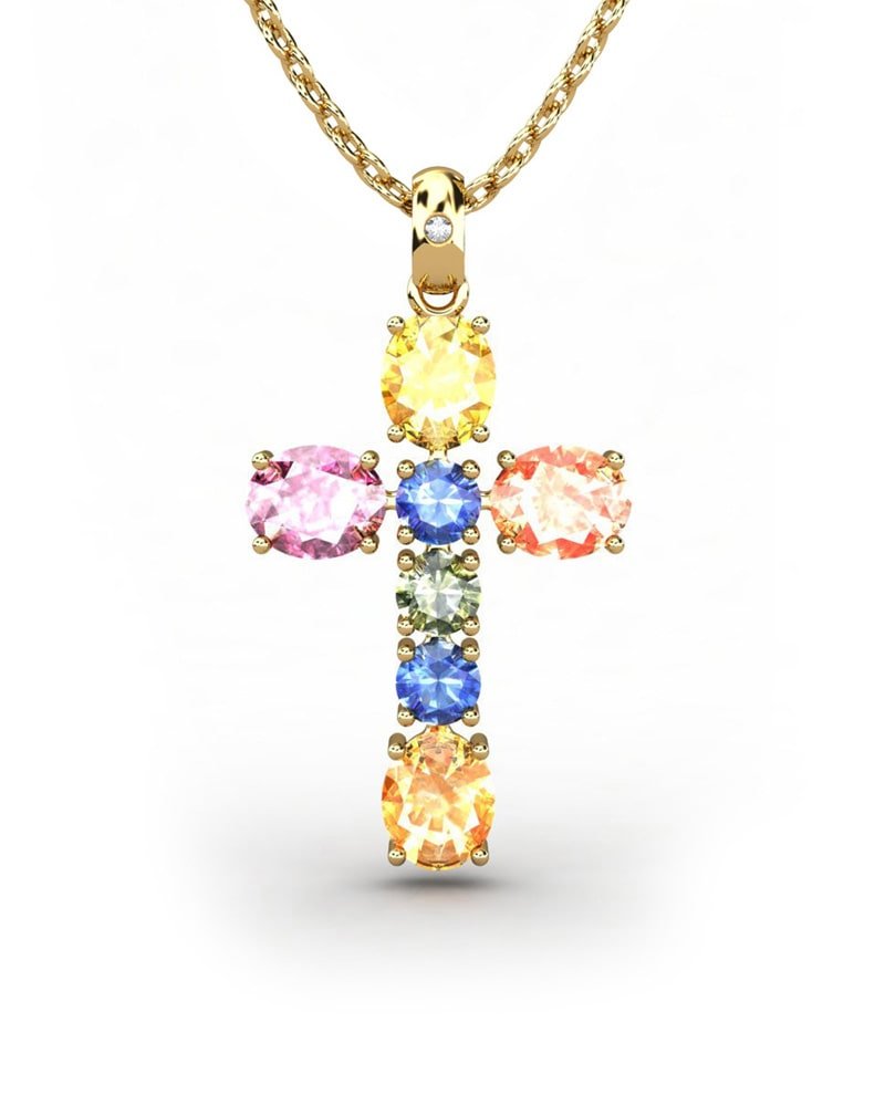 COLGANTE SPIRITUAL CRUZ DE DIAMANTE 0,01 CT Y ZAFIROS MULTICOLOR - CRESBER