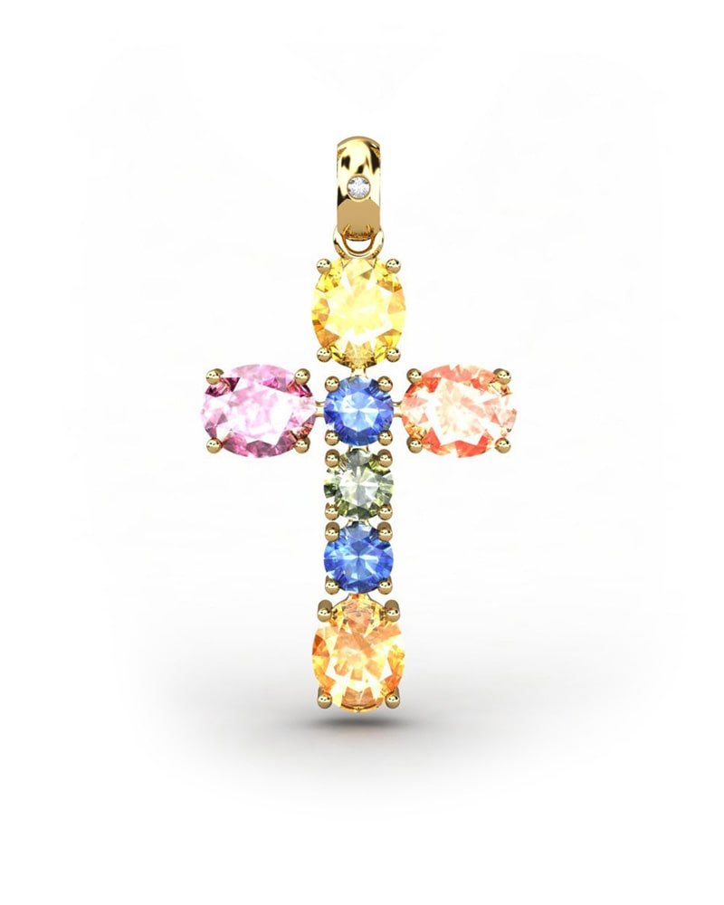 COLGANTE SPIRITUAL CRUZ DE DIAMANTE 0,01 CT Y ZAFIROS MULTICOLOR - CRESBER