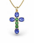 COLGANTE SPIRITUAL CRUZ DE DIAMANTE 0,01 CT Y ZAFIROS OVALES Y ESMERALDA - CRESBER