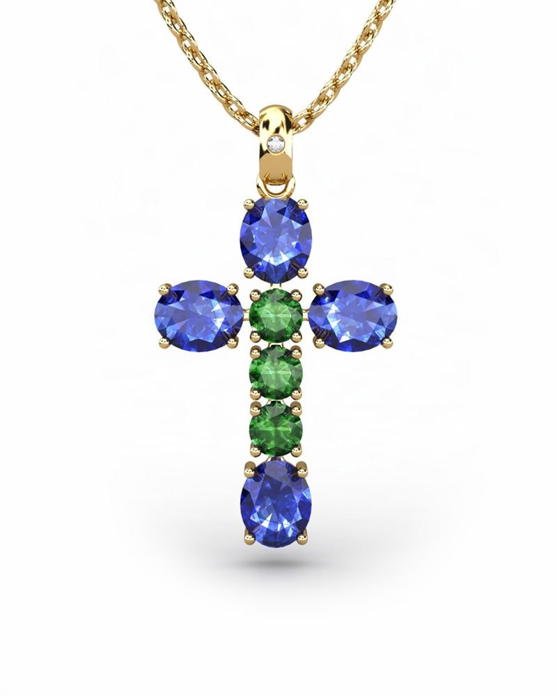 COLGANTE SPIRITUAL CRUZ DE DIAMANTE 0,01 CT Y ZAFIROS OVALES Y ESMERALDA - CRESBER