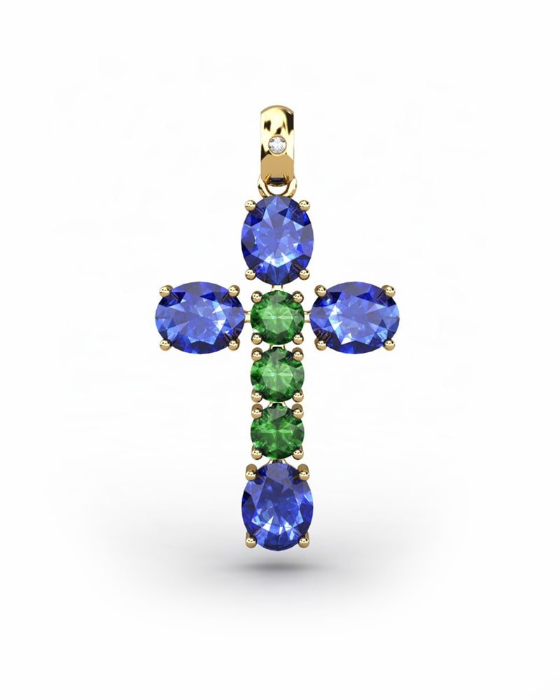 COLGANTE SPIRITUAL CRUZ DE DIAMANTE 0,01 CT Y ZAFIROS OVALES Y ESMERALDA - CRESBER