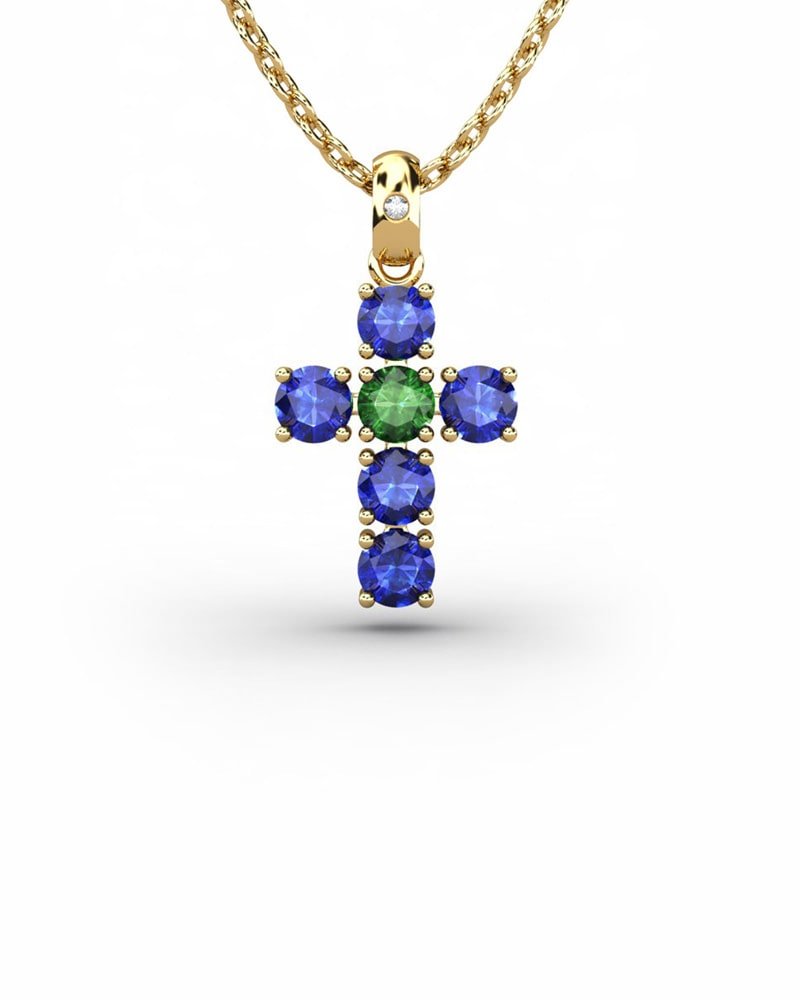 COLGANTE SPIRITUAL CRUZ DE DIAMANTE 0,01 CT Y ZAFIROS Y ESMERALDA - CRESBER
