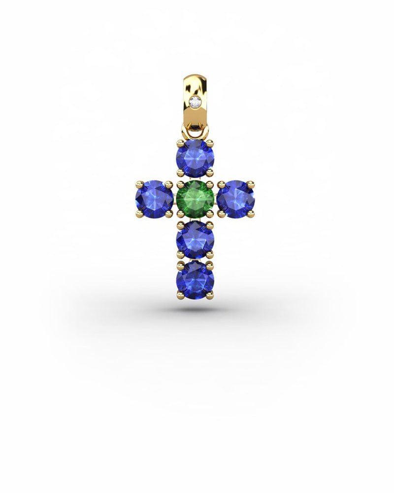COLGANTE SPIRITUAL CRUZ DE DIAMANTE 0,01 CT Y ZAFIROS Y ESMERALDA - CRESBER