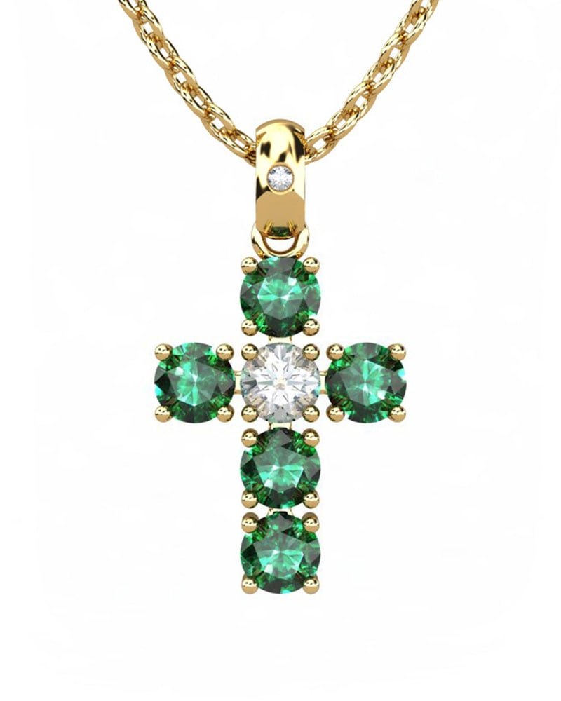COLGANTE SPIRITUAL CRUZ DE DIAMANTE 0,12 CT Y ESMERALDAS - CRESBER