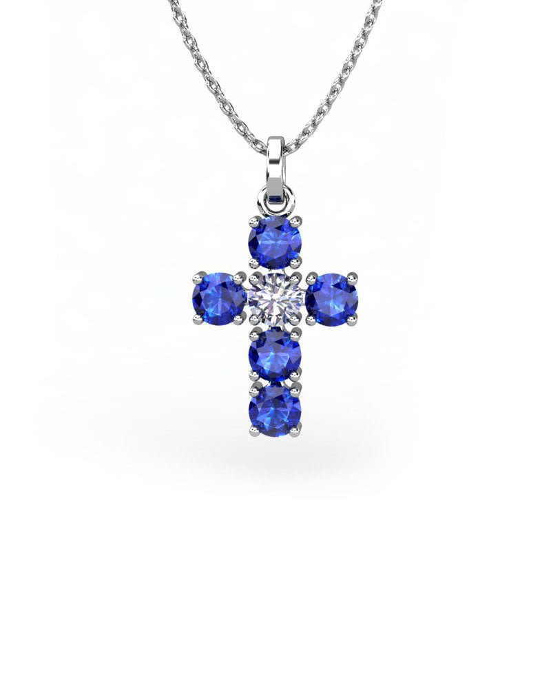 COLGANTE SPIRITUAL CRUZ DE DIAMANTE 0,27 CT Y ZAFIROS - CRESBER