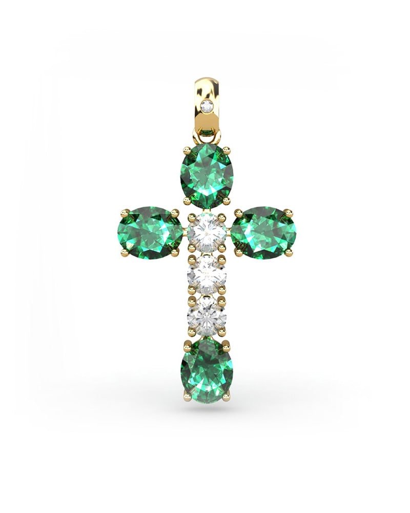COLGANTE SPIRITUAL CRUZ DE DIAMANTE 0,34 CT Y ESMERALDAS - CRESBER