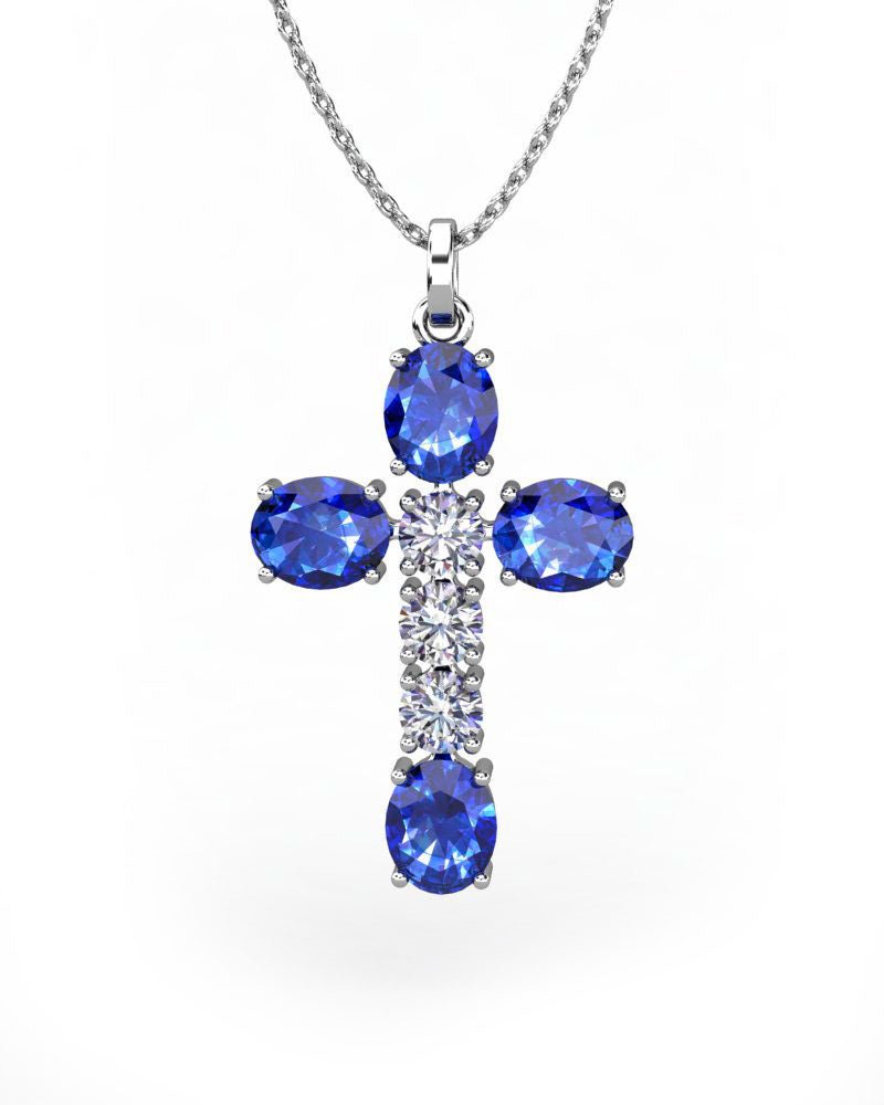 COLGANTE SPIRITUAL CRUZ DE DIAMANTE 0,34 CT Y ZAFIROS - CRESBER