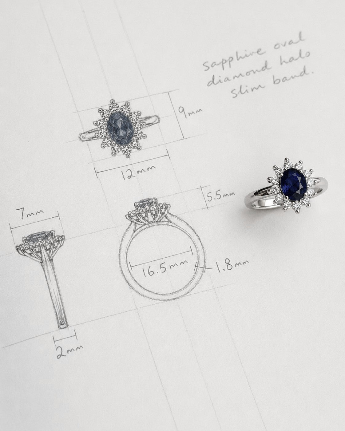 Diseño de anillo con dibujo y datos técnicos con el anillo físico al lado